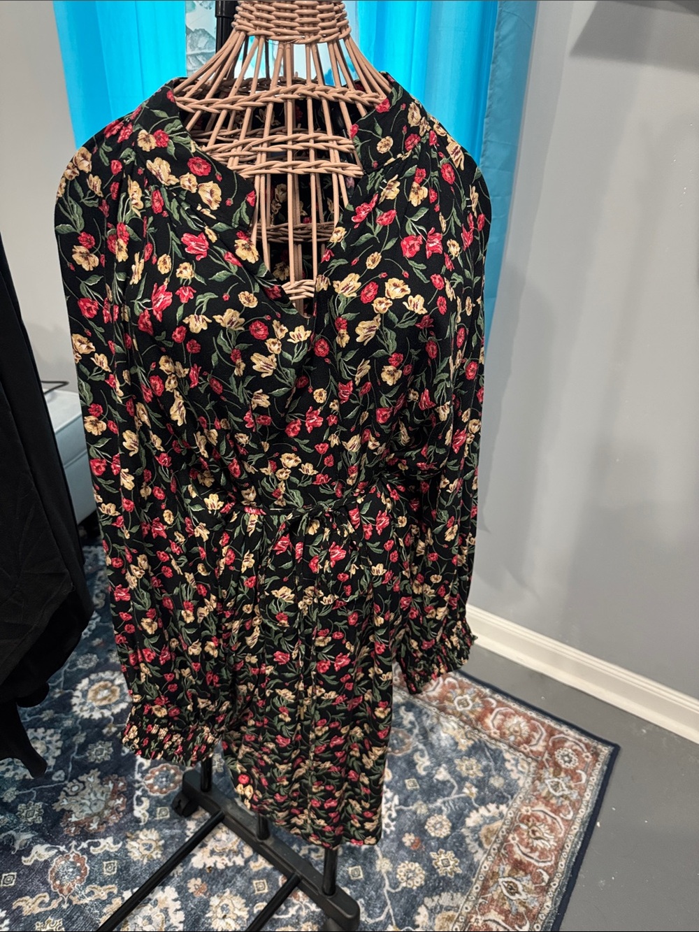 Draper James Black Floral Long Sleeve Smocked Waist Dress